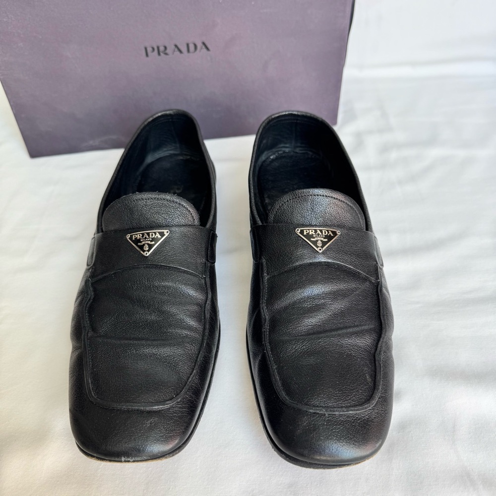 SOLD Prada Saffiano Black Leather Penny Loafers Dress Slip On Shoes Men’s 9.5 - Picture 1 of 6